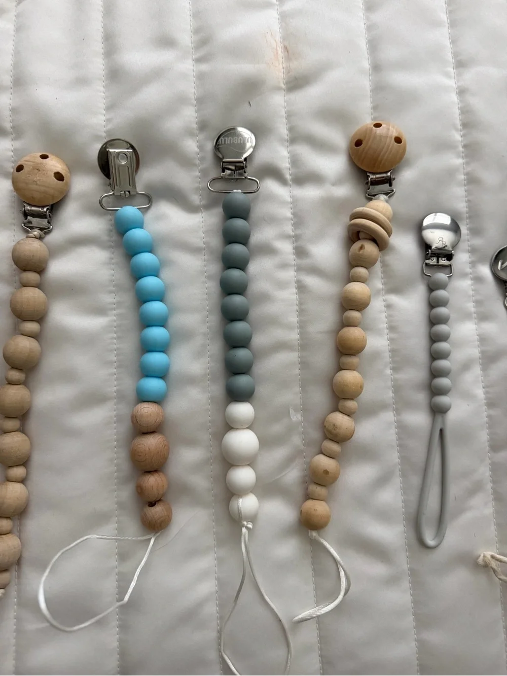 Handmade Wooden and Silicone Baby Pacifier Clips & Teethers - Neutral & Aqua Mix